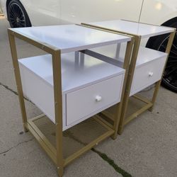 Set Of 2 3-Tier White & Gold Nightstand Side End Table with Lower Mesh Shelf & Drawer