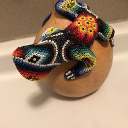 Huichol Hand Bead Lizard on Pottery Vase