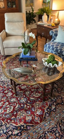 Mid century brass scalloped glass coffee table with faux bamboo base