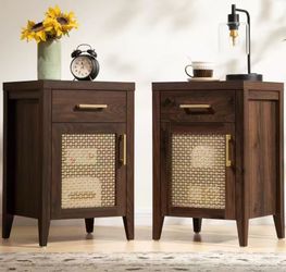 Dark SICOTAS Walnut Nightstands with Rattan Door Set of 2