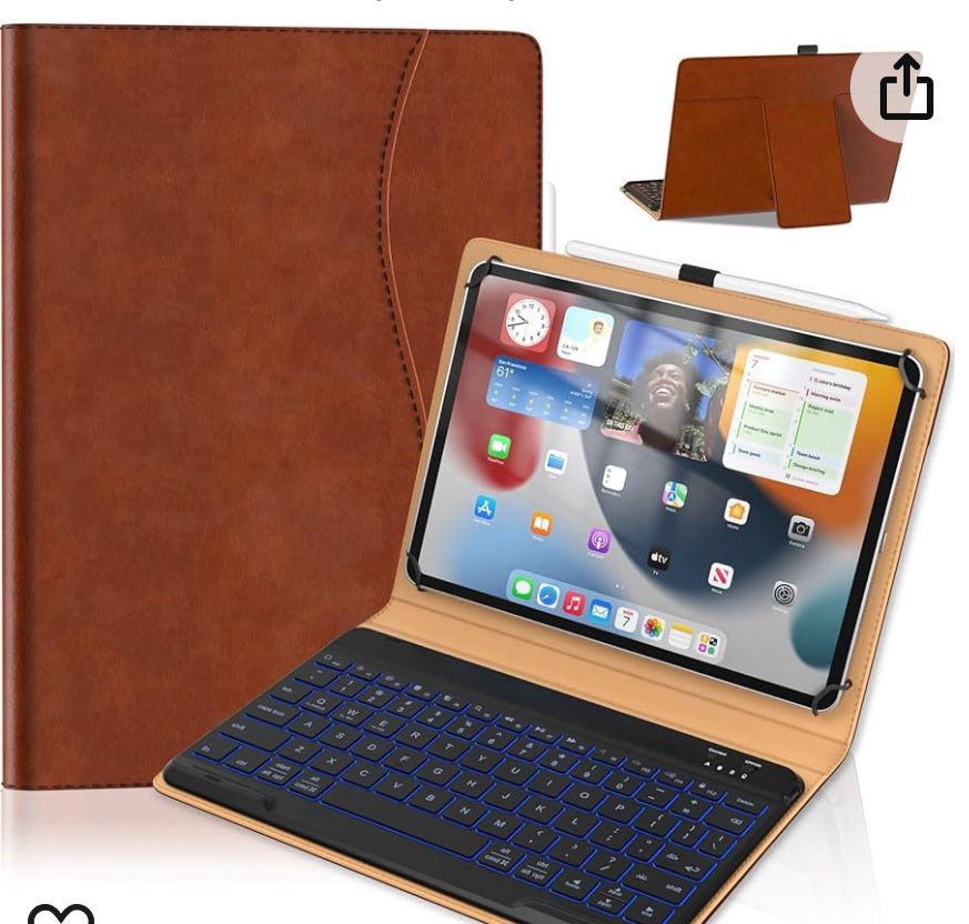 Leather Keyboard Case for 9.7",10.1",10.2",10.5",10.9",11" Tablets,7 Colors Backlit,Bluetooth Wireless Keyboard with Pocket Leather Folio Cover(Brown)