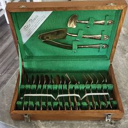 Vintage Thai Brass Flatware 19 Piece In Velvet Lined Wooden Case