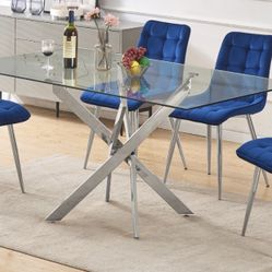 NEW GLASS TABLE AND VELVET CHAIR SETS WITH SILVER LEGS 