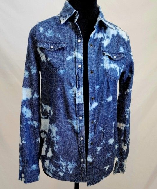 Vintage Denim Bleach Washed Pearl Button Up Long Sleeve Shirt Sz XS