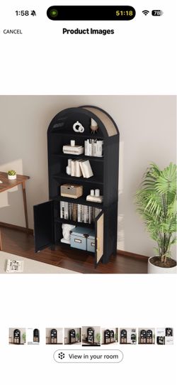 Janmer Home 71" Tall Boho Rattan Arched Bookcase with Doors,Black