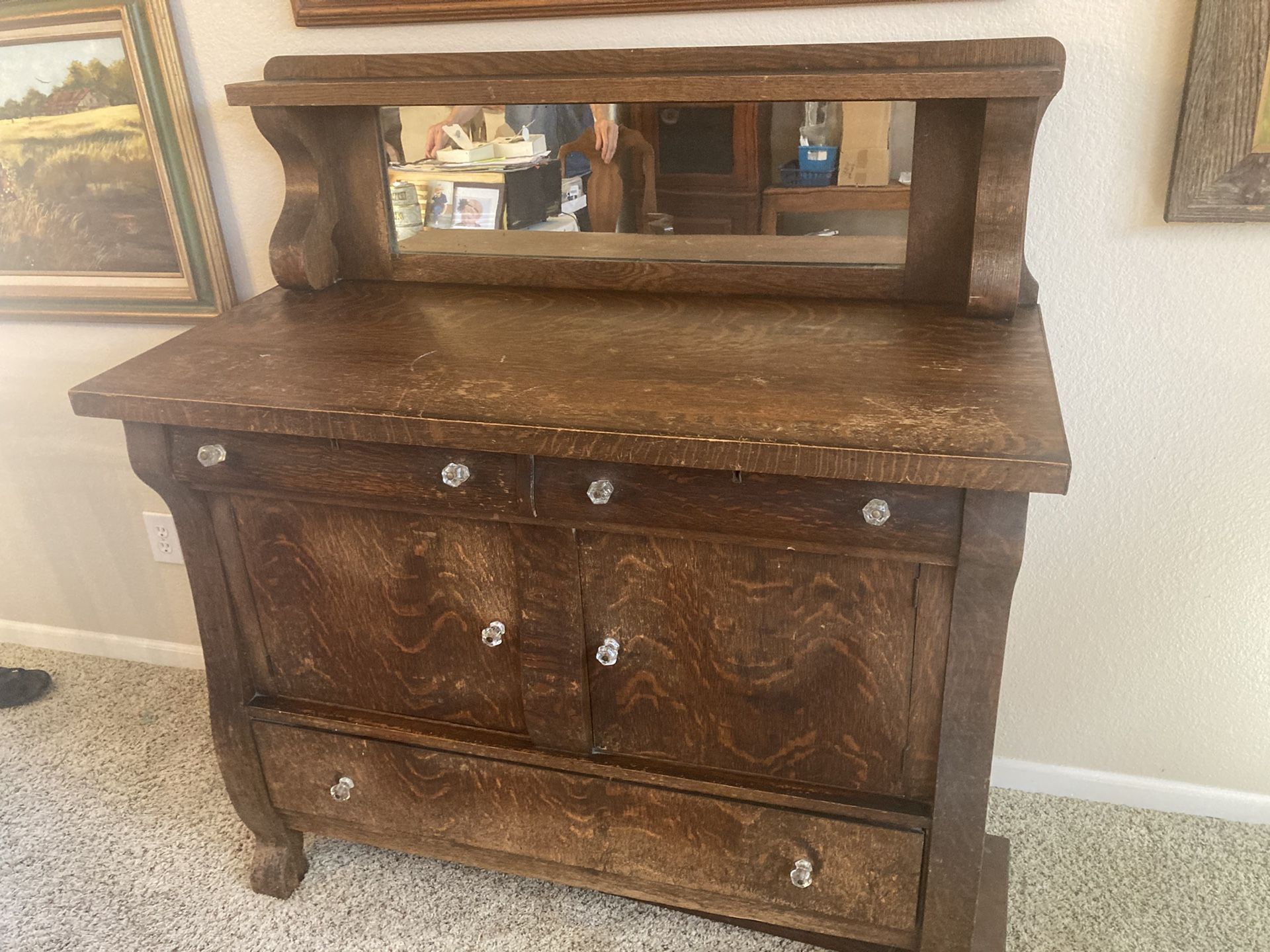Antique Oak Buffet With Mirror