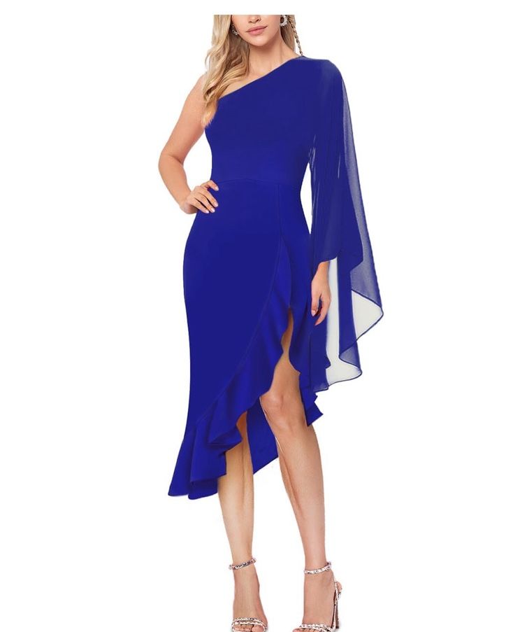 Women's Sexy One Shoulder Dress Cape Sleeve Ruffle Hem High Split Bodycon Formal Cocktail Party Evening Dress