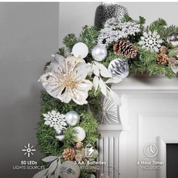 WBHome Pre-lit 9 Feet/108 Inch Christmas Garland, White & Silver Lighted Garland with 50 LED Lights for Indoor Outdoor Xmas Decor Holiday Decorations,