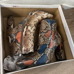 Bamboo Snake Print Ankle Boots Women’s – Block Heel Zip Booties Multicolor