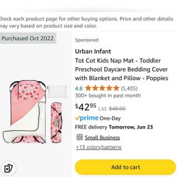 Urban Infant Tot Cot Kids Nap Mat - Toddler Preschool Daycare Bedding Cover with Blanket and Pillow - Poppies 