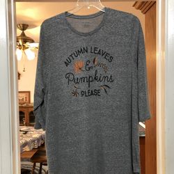 Women’s Size 26 / 28 Long Tunic Length 3/4  Length Sleeves.  On the front it says “Autumn Leaves Pumpkins Please. Brand Lane Bryant.  Made of 50% poly