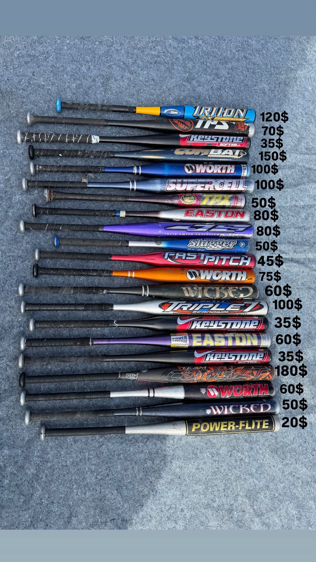 Lot of 21 Baseball & Softball Bats – Easton, Worth, Louisville Slugger, TPS, Wicked, Keystone