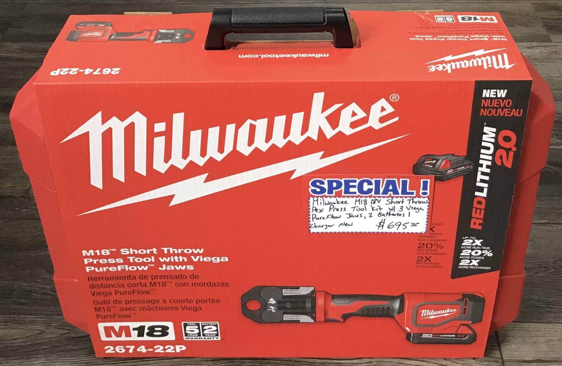 Milwaukee M18 18V Short Throw Pex Press Tool Kit W/ 3 Viega PureFlow Jaws, 2 Batt. & Charger New