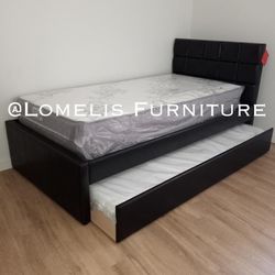 Twin/Twin White Trundle Beds w. Orthopedic Mattresses Included 