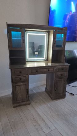 EnHomee Vanity Set with Mirror and Lights Farmhouse Vanity Desk with 5 Drawers & 2 Storage Cabinets Makeup Vanity Table with Lighted Mirror,Dark Oak
