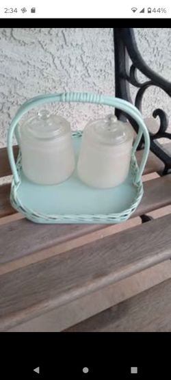 Vintage 1940's Set of Two Hazel Atlas Apothecary Jars with Woven Wicker Tray