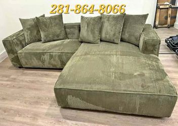Green Corduroy Sectional Sofa with Chaise