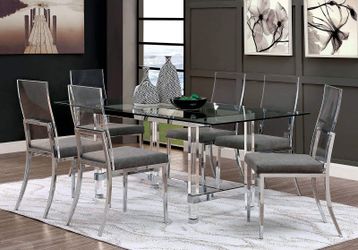 7 PC DINING TABLE SET Metal Frame Construction Clear Acrylic Legs 12mm Tempered Glass