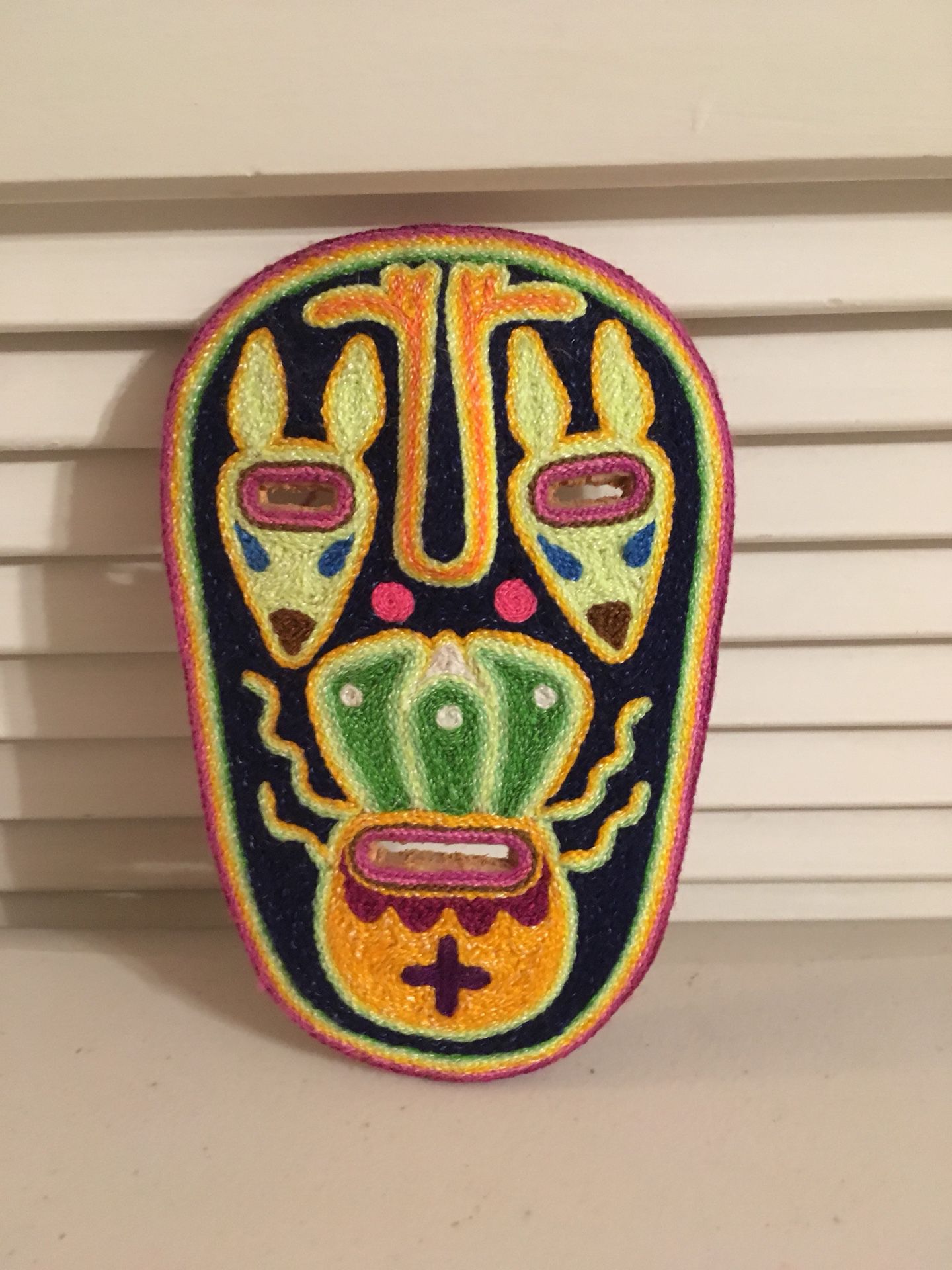 Small Hand Carved Colorful String Mexican Folk Art Mask Wall Hanging