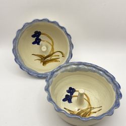 Vintage KaryL Pottery Apple Bakers Blue with Navy Blue Flowers Set of 2 Perfect Condition Hand Made 