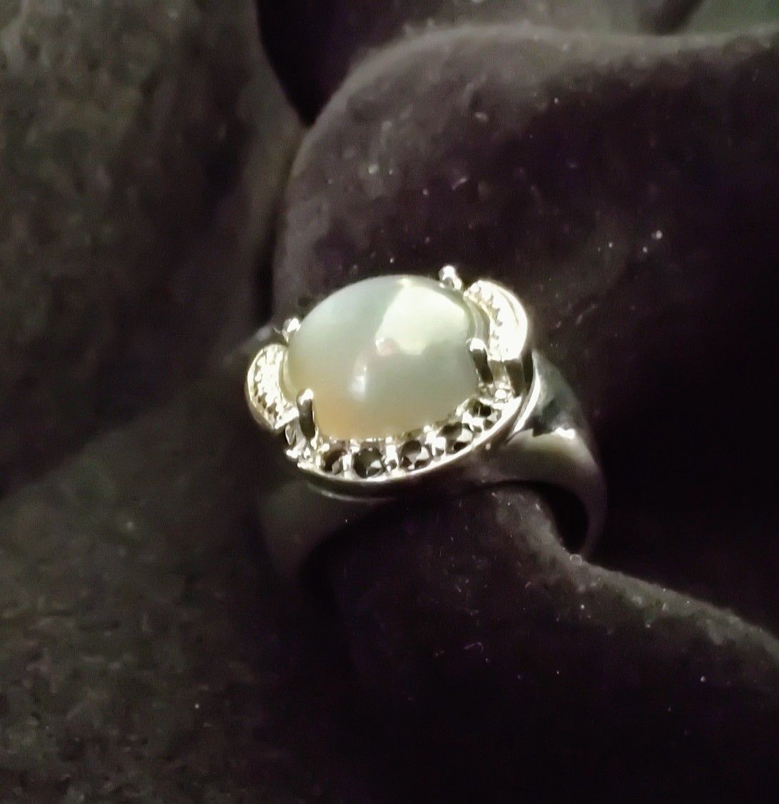 5.68 CTW Genuine Grey Moonstone & Black Spinel .925 Sterling Silver Ring SZ 7
