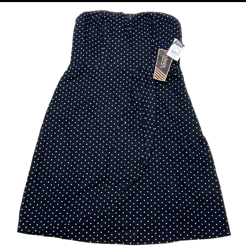 Vans Cherry Strapless Dress Junior Small Black White Polka Dot Flare Midi New