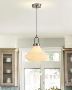 Ribbed Glass Kitchen Island Pendant Light – Brushed Nickel Bell Shade Fixture