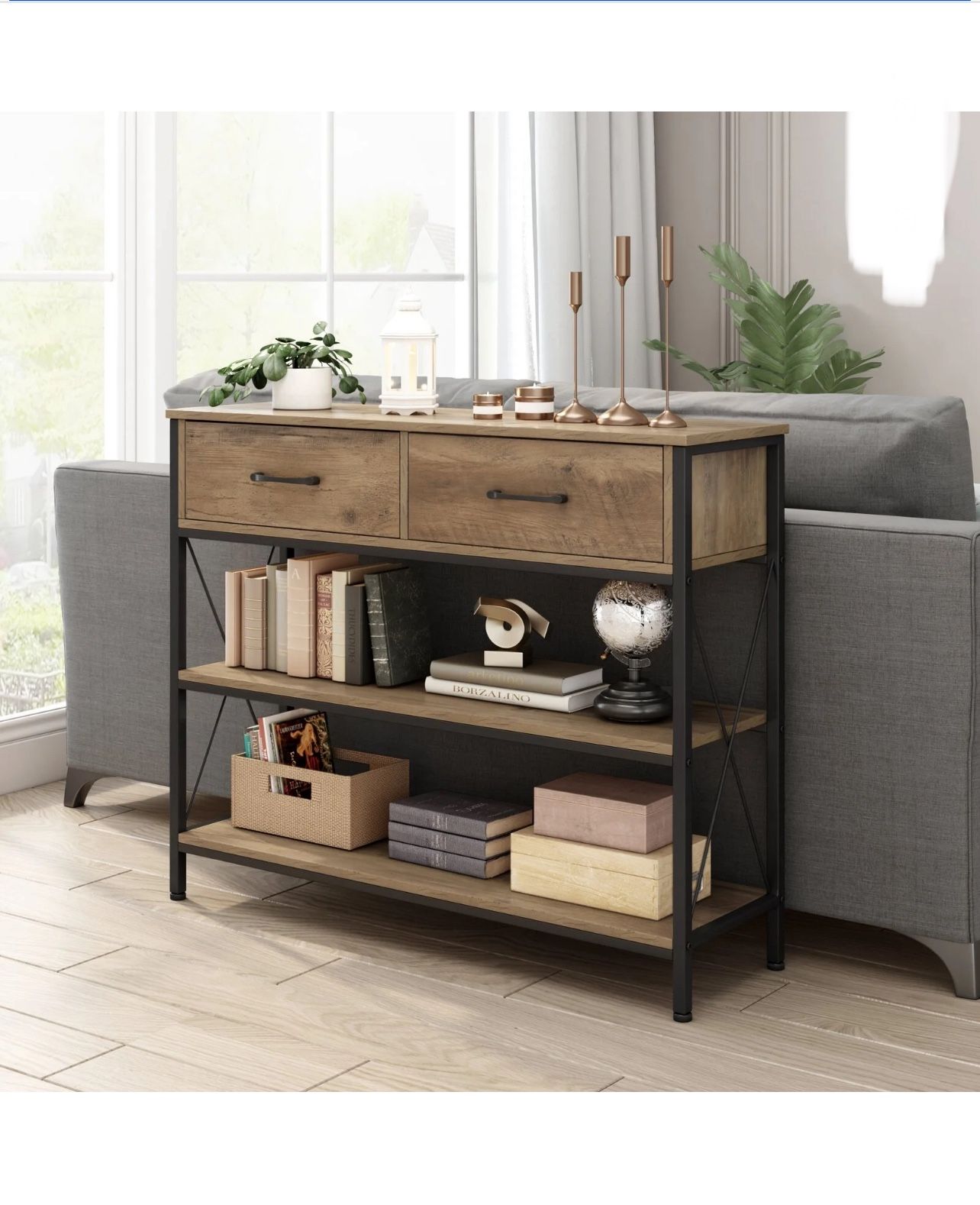 Console Table with Drawers, 11.8'' Narrow Entryway Table with Storage Shelves, Sofa Table for Living Room, Rustic Brown, New in Box