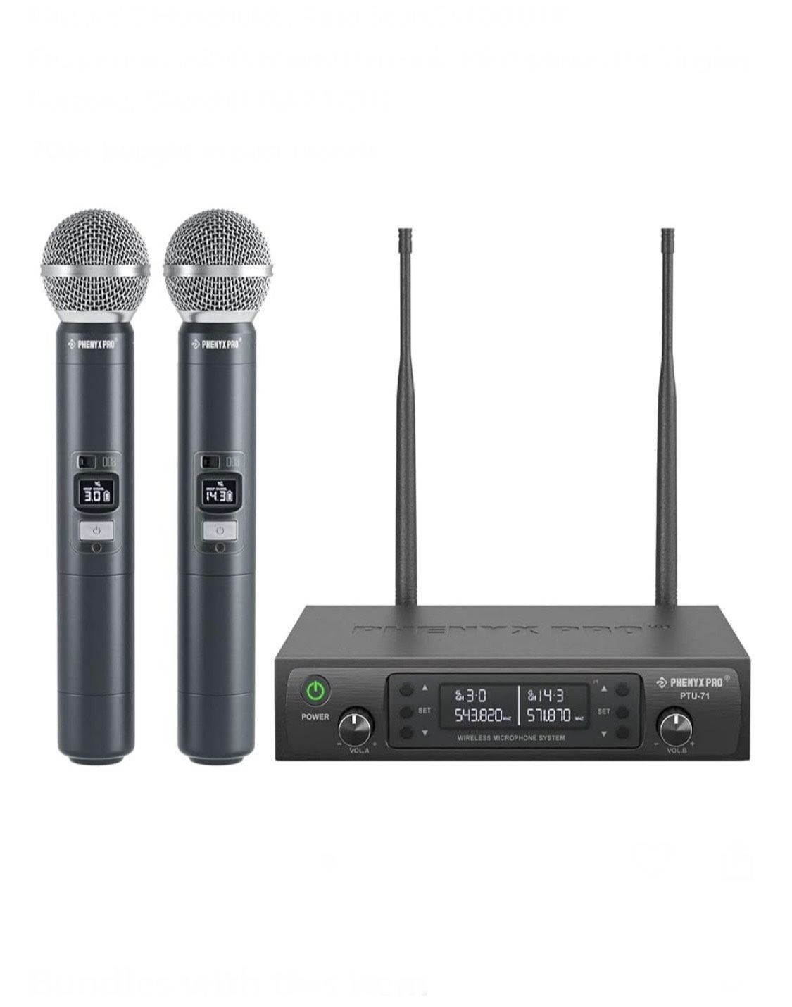 Phenyx Pro Wireless Microphone System, Dual Wireless Mics,w/ 2 Handhelds, Auto Scan, 2x100 UHF Frequencies, 328ft Range, Dynamic Microphone for Singin