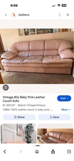 Vintage Pink Leather 3-Seat Sofa, Love seat and overstuffed chair with ottoman