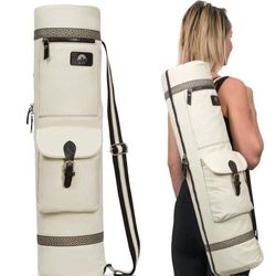 Yoga Bay Mat Bag Premium Canvas Carrier Shoulder Carry Crossbody Light Biege
