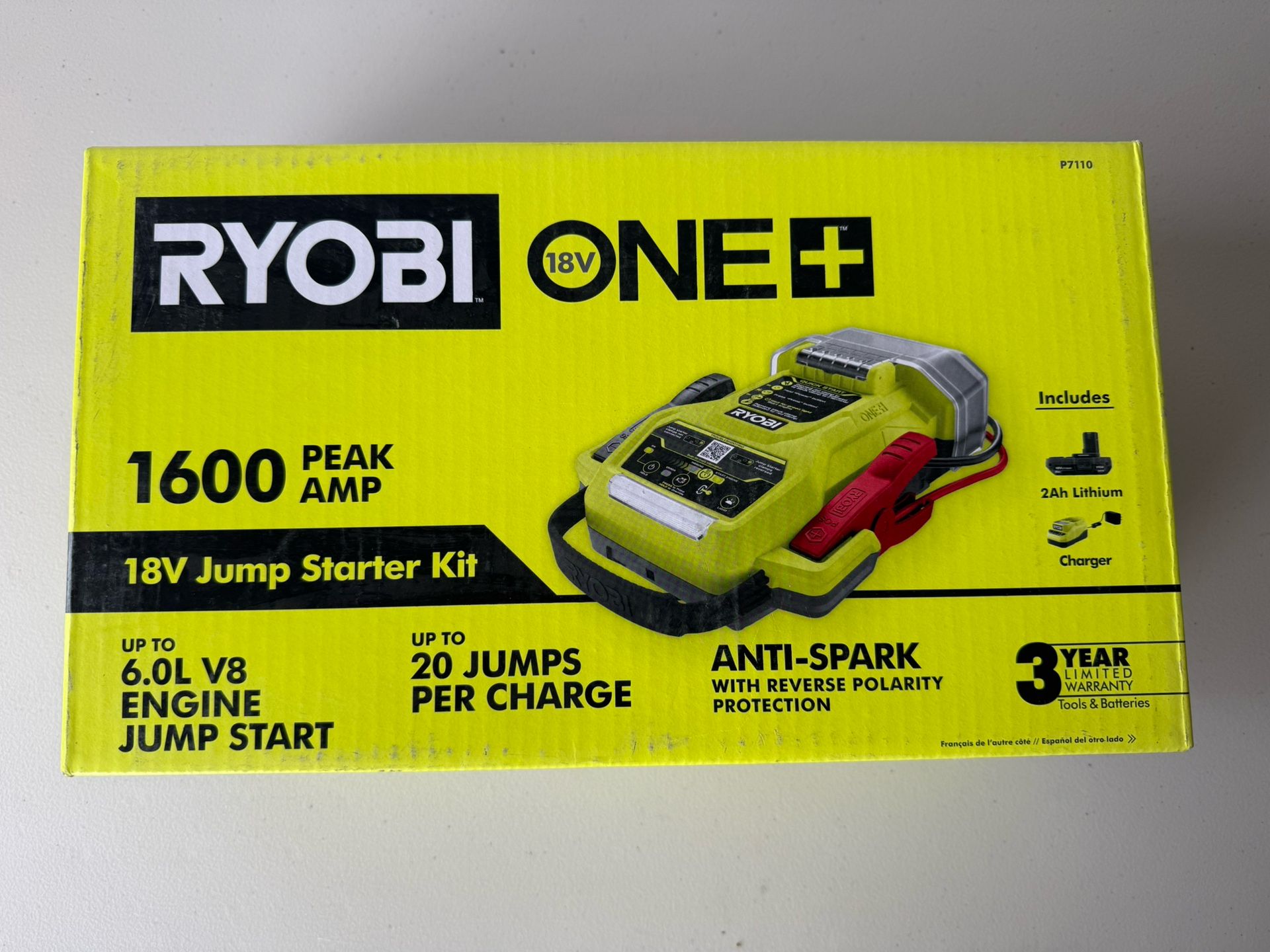 ONE+ 18V Cordless 1600A Jump Starter with LED Work Light Kit with 2.0 Ah Battery and Charger