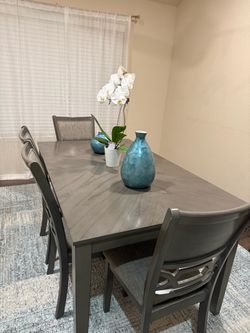 Gray Dining Table with 4 Chairs and a Bench