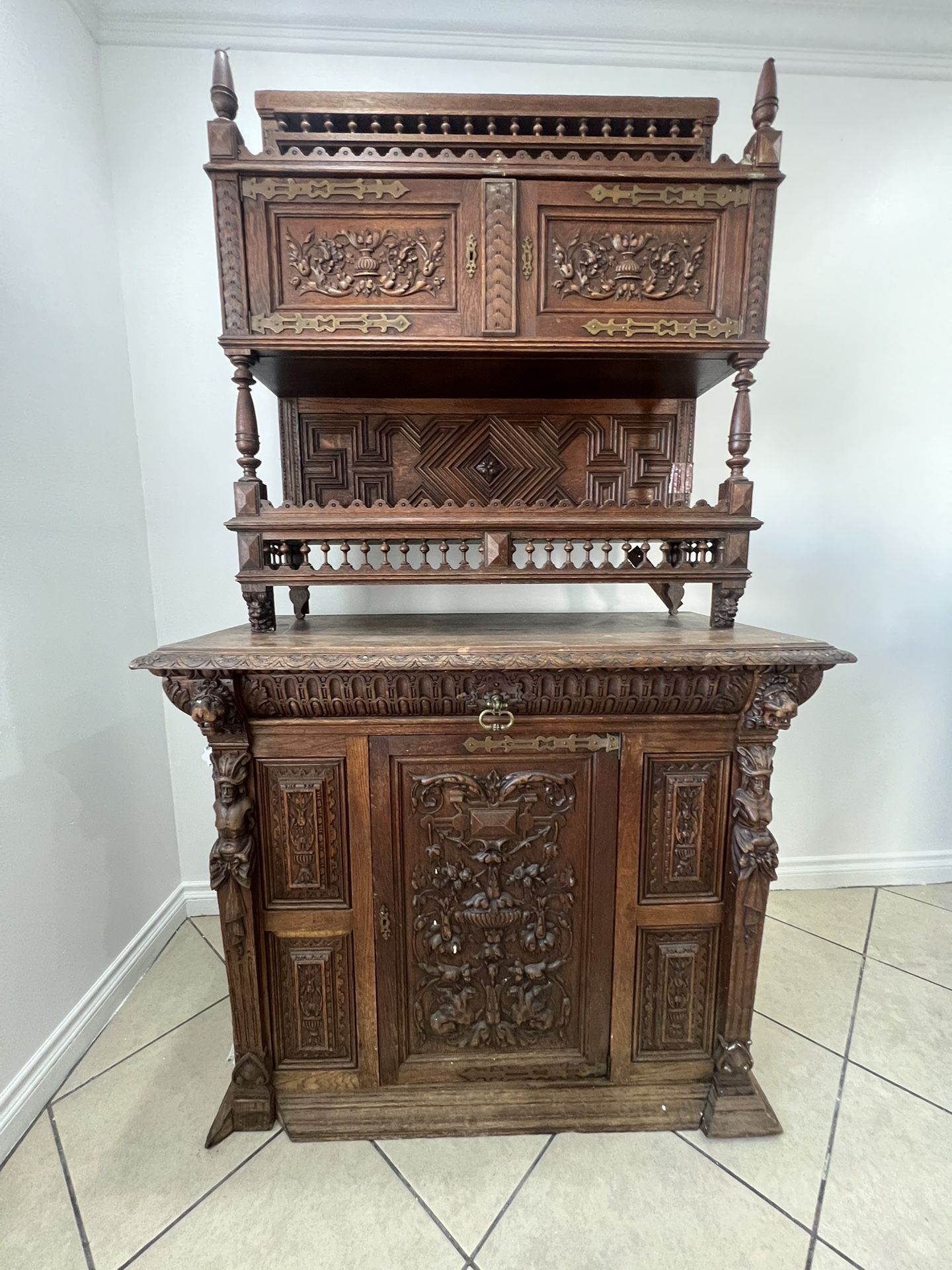 Carved Vintage Antique Wood Spanish Gothic Armoire Cabinet