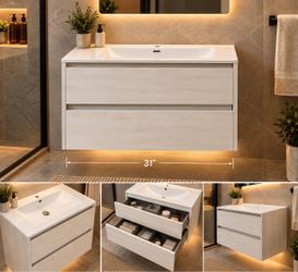 31” Modern Floating Bathroom Vanity – White Oak + Ceramic Top
