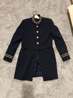 Zara Navy Military Jacket Stand Collar Gold Trim Embossed Button Long Coat Size:M