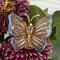Vintage Blue Enamel Fillagree Goldtone Butterfly.