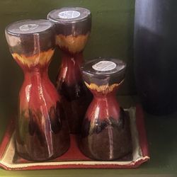 3 Boho Pier 1 Shimmer Drip Glazed Pillar Candle Holders W Matching Tray