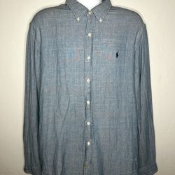 Vintage 90s Ralph Lauren Blue Linen Button-Down Long Sleeve Shirt  (size XXL)