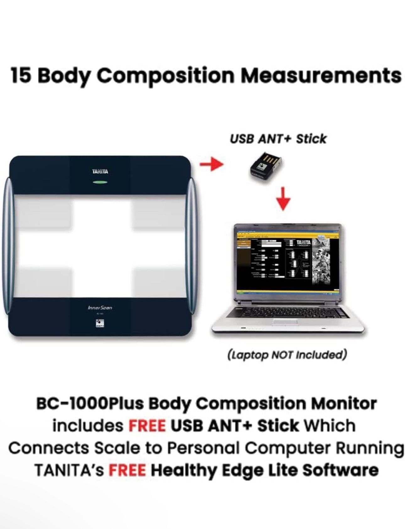 TANITA BC-1000 Plus FDA Cleared Black ANT+ Radio Wireless Body Composition Monitor
