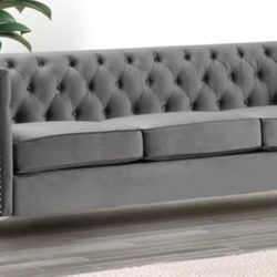 Set of 3 - Modern Gray Velvet Sofa + 2 Matching Loveseats