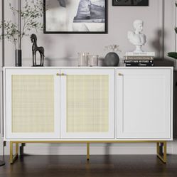 Sideboard Buffet with Rattan Doors, Storage Cabinet with 3 Doors, Coffee Bar Cabinet with Golden Legs, Cupboard Console Table, Liquor/Accent Cabinet, 