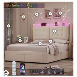 HIFIT Upholstered LED Queen Size Bed Frame with Storage and Charging Station, Lavish Wingback Headbo