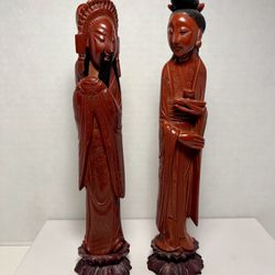 Set of 2 Vintage Chinese Hand Carved Red Bakelite Figurines 10"