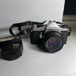 Vintage Pentax ME Super 35mm Film Camera with 50mm f/2 Lens With Flash & Bag