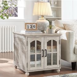 Farmhouse End Table with Charging Station,24" Large Sofa Side Table with Glass Barn Door,Rustic Wood Night Stand with Adjustable Storage Shelf,Square 