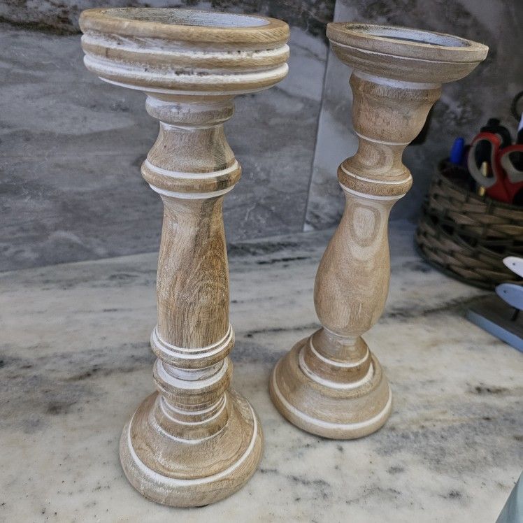 Set Of 2 Wood 12" Tall Candle Holder Pillars