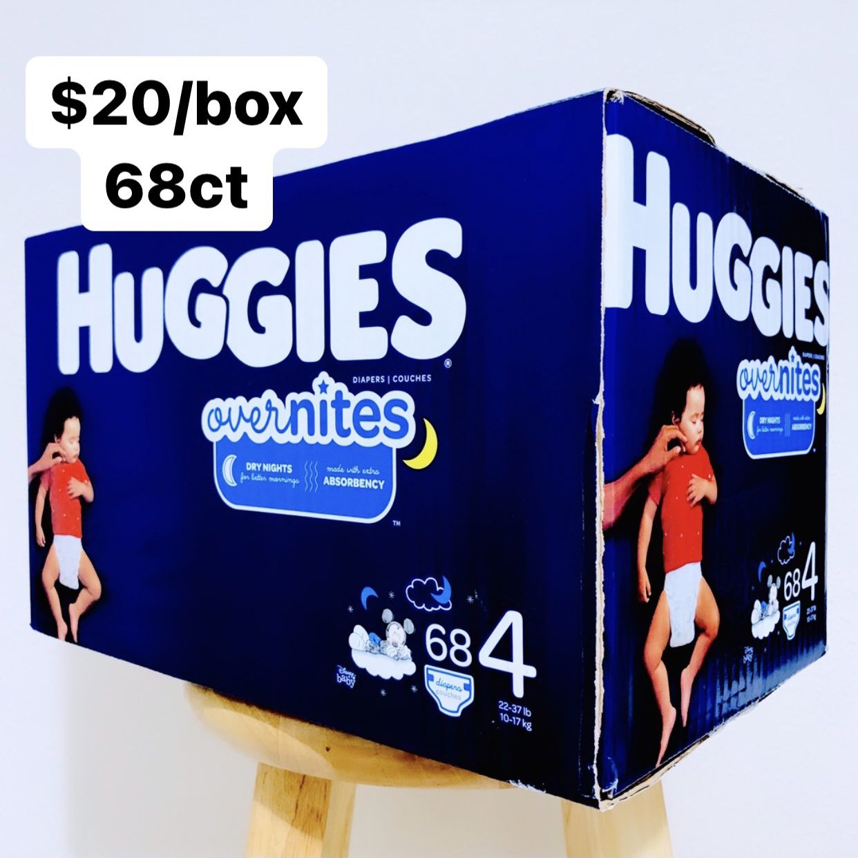 Size 4 (22-37 lbs) Huggies Overnites (68 baby diapers)