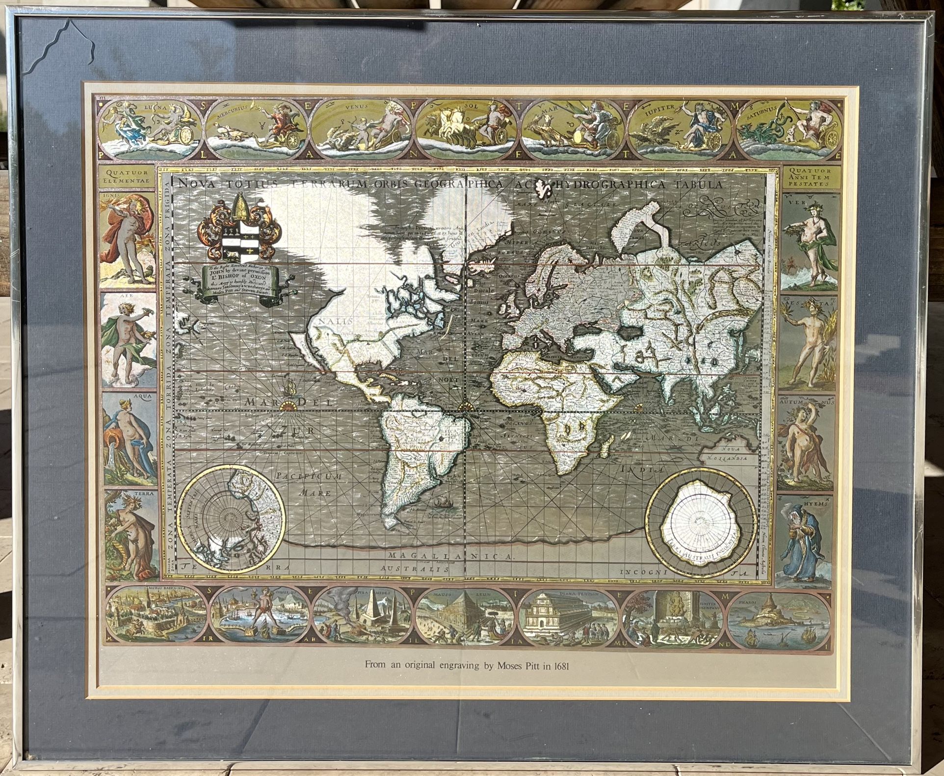 Silver Leaf Foil Wall World Map Engraving Based on the Original Moses Pitt, 1681