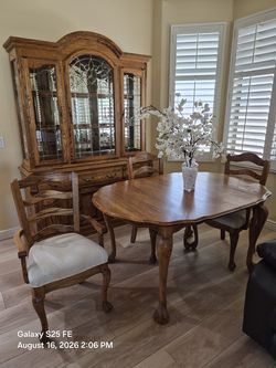 Dining table, 8 chairs, 2 leaves, buffet hutch set